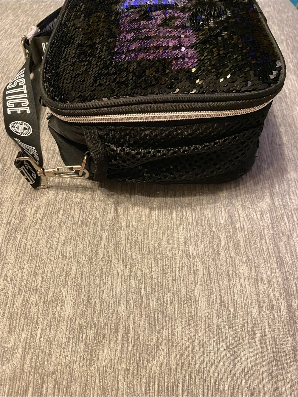 Justice Flip Sequin Lunchbox Tote w/ Crossbody Strap Black Silver & Purple NWOT